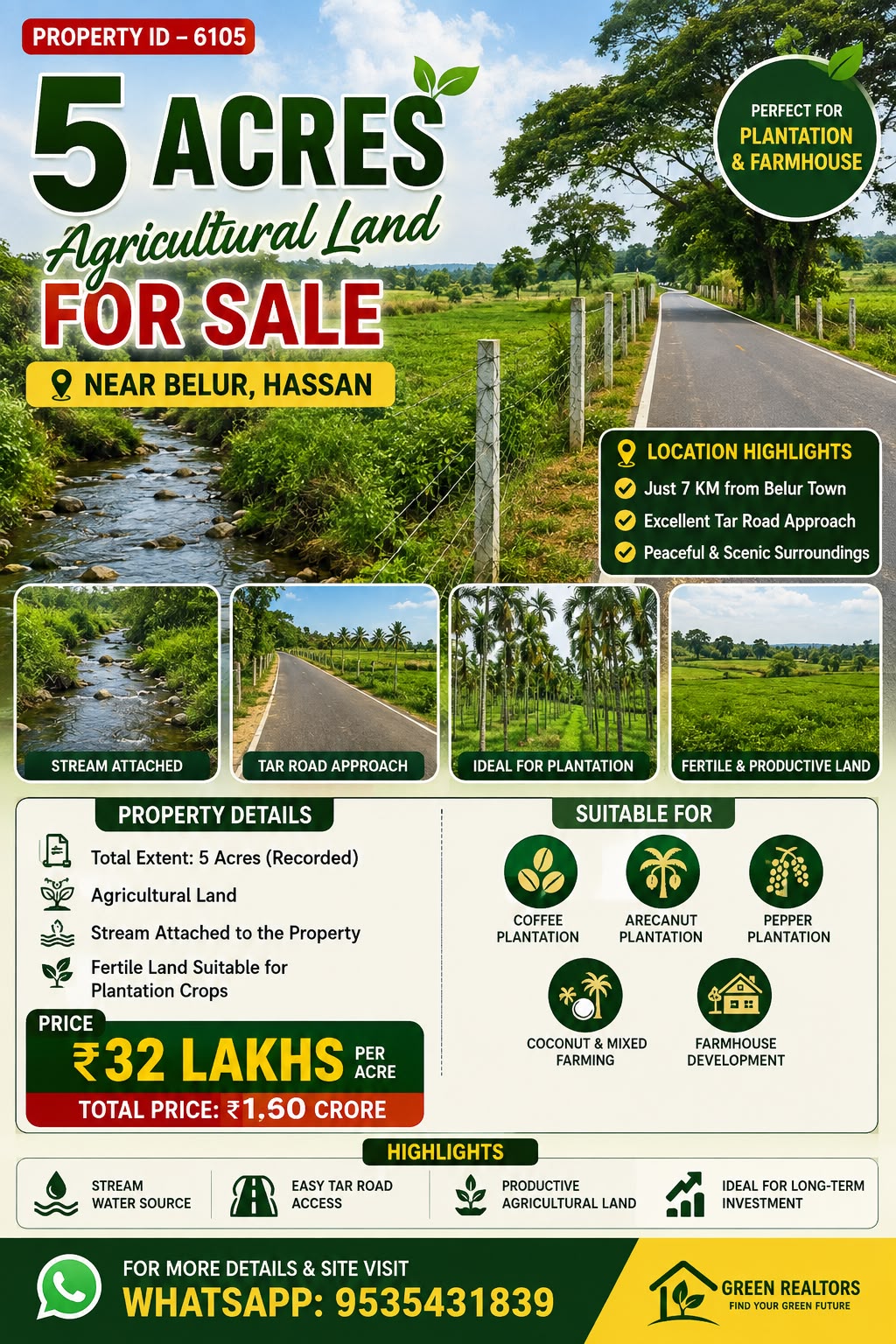 🆔 *PROPERTY ID –6105* 🌿 *5 Acres Agricultural Land for Sale – Near Belur, Hassan